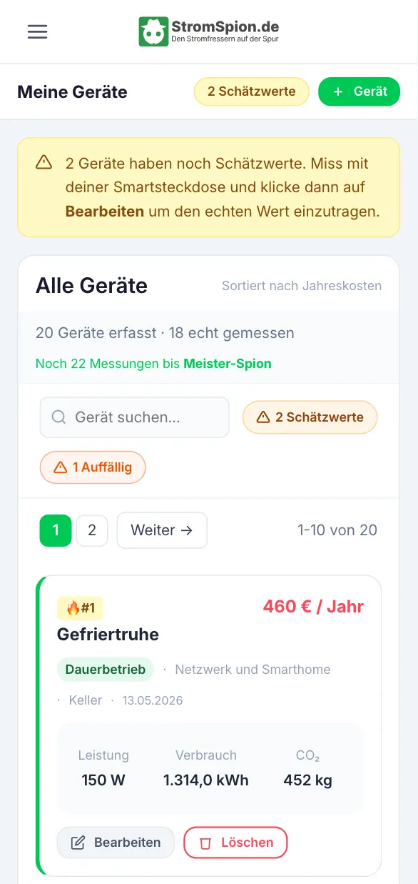 Dashboard-Übersicht von StromSpion auf dem Smartphone