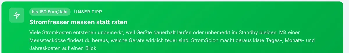 Spartipp-Hinweis 'Stromfresser messen statt raten' in StromSpion